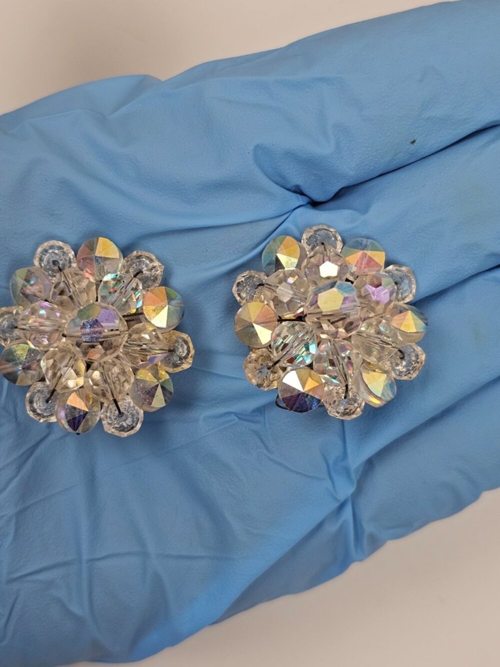 Vtg Crystal Glass Clear AB Aurora Borealis Cluster Clip On Earring 4 Pair Lot 97 - Picture 8 of 11